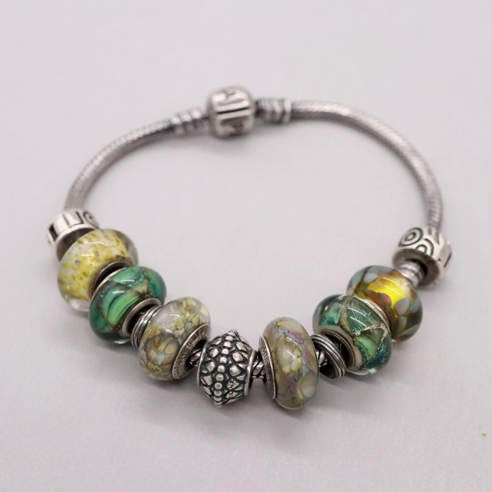 Pandora 7" Snake Chain Bracelet w/ Barrel Clasp and 6 Glass Chamilia Charms 925